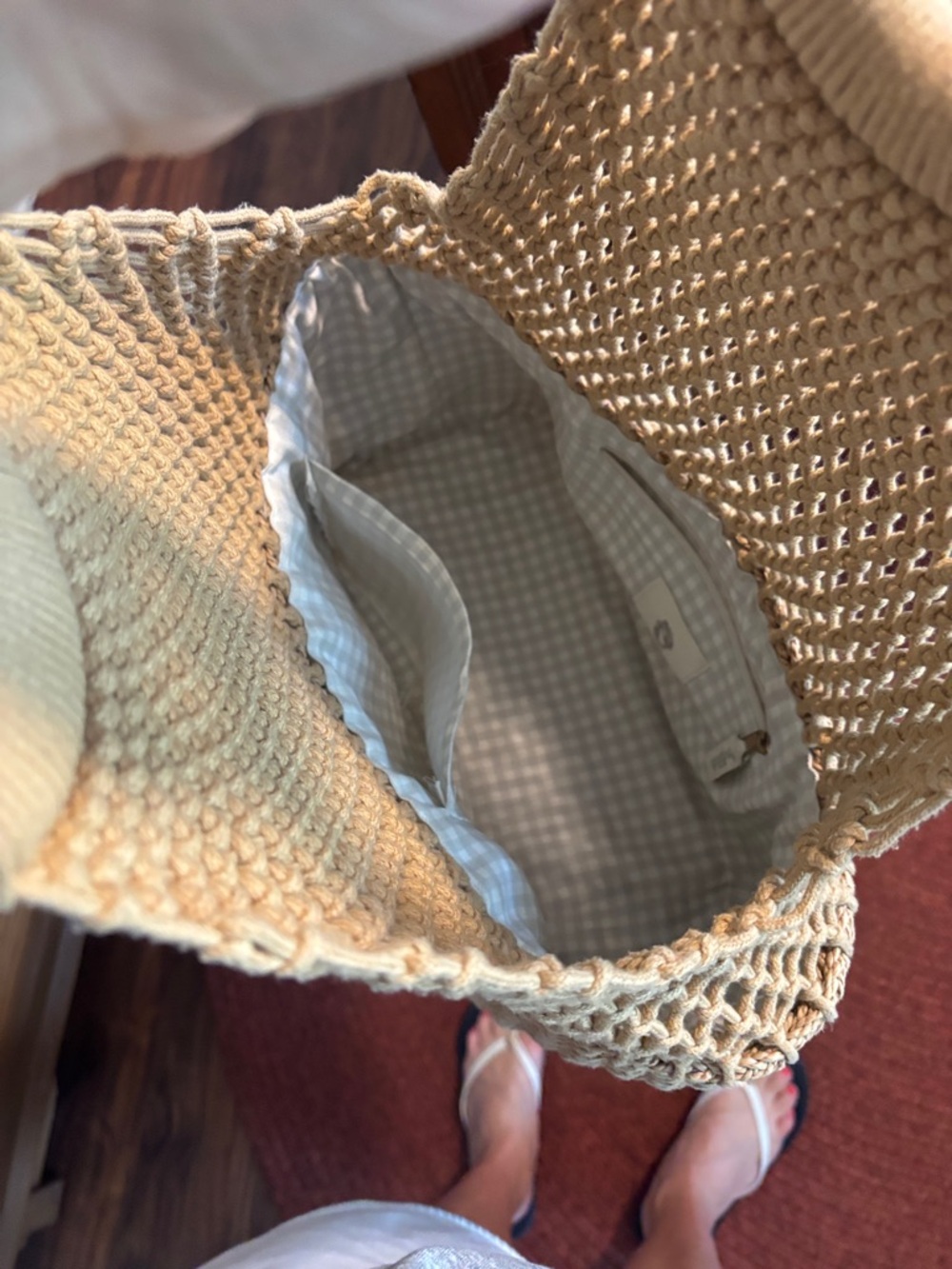 Woven Tan Tote Bag with Wooden Handles - Women Bags - Picture 4 of 5